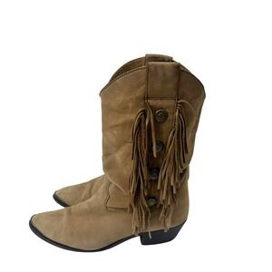 VTG Code West Tan Leather Fringe Cowboy Boots  Womens 8 M Western Boho Festival